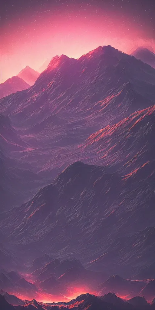 Image similar to a beautiful neon alien landscape, mountains, nighttime, ambient lighting