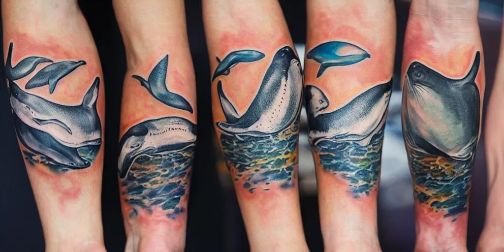 Prompt: realistic tattoo of whales, golden, delicate, hyper realism, 1 4 5 0, ink, ultra realistic, 8 k