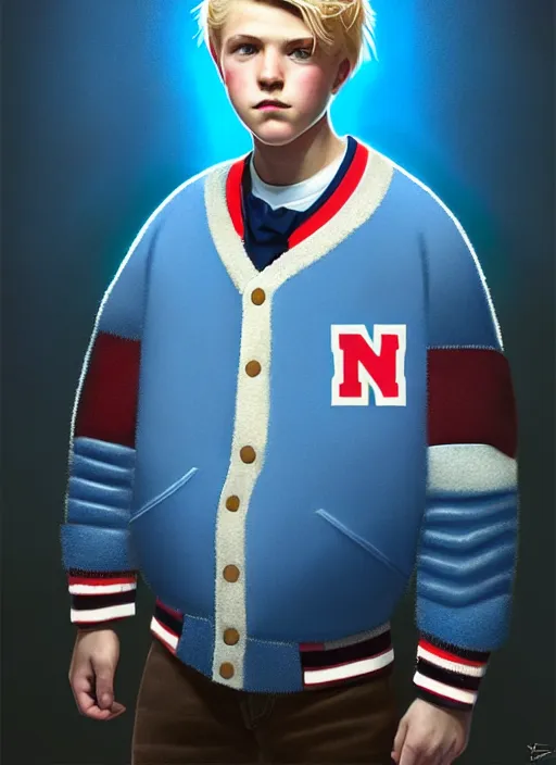 Prompt: portrait of high school senior boy named rig moose, blonde short hair, jock, beefy, wide face, square jaw, square facial structure, blue varsity jacket with letter r, intricate, elegant, glowing lights, highly detailed, digital painting, artstation, concept art, sharp focus, illustration, art by wlop, mars ravelo and greg rutkowski