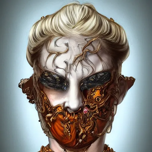 Image similar to portrait of a Shibari rope wrapped face and neck, headshot, insanely nice professional hair style, dramatic hair color, digital painting, of a old 15th century, old cyborg merchant, amber jewels, baroque, ornate clothing, scifi, realistic, hyper detailed, chiaroscuro, concept art, art by Franz Hals and Jon Foster and Ayami Kojima and Amano and Karol Bak,