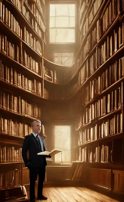 Prompt: Jordan Peterson reading while standing in a dark old library, window light behind him Greg Rutkowski, 4k, masterpiece