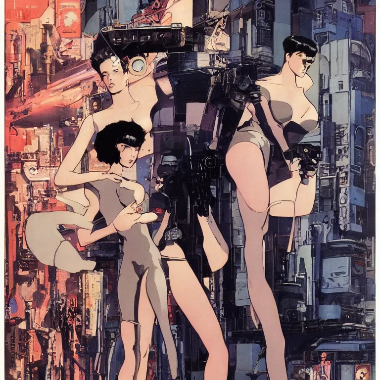 Prompt: scifi Ghost in the Shell by Robert McGinnis, pulp comic style, circa 1958, photorealism