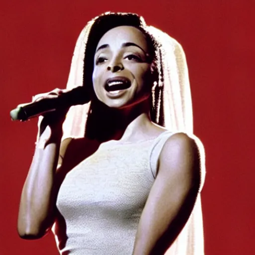 Image similar to picture of Sade Adu with sunlight behind her singing