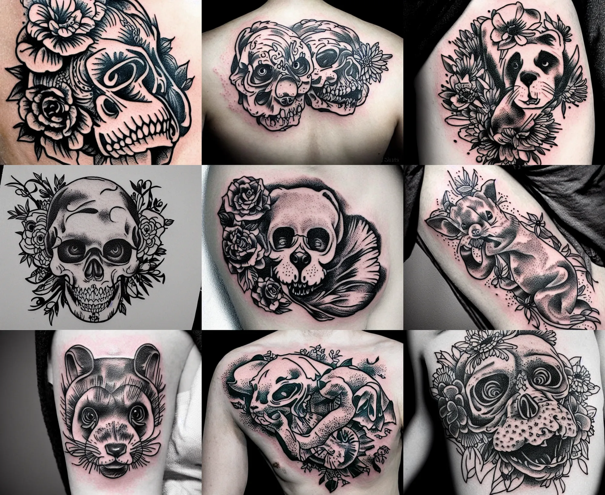 Image similar to detailed amazing tattoo stencil of a floral ferret crawling on a human skull