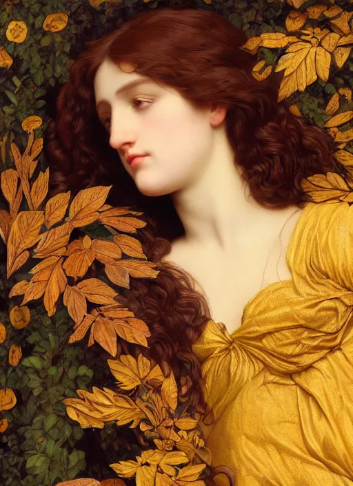 Image similar to masterpiece beautiful seductive flowing curves preraphaelite face portrait amongst leaves, extreme close up shot, straight bangs, thick set features, yellow ochre ornate medieval dress, raven, laying amongst foliage mushroom forest circle arch, frederic leighton and kilian eng and rosetti, 4 k