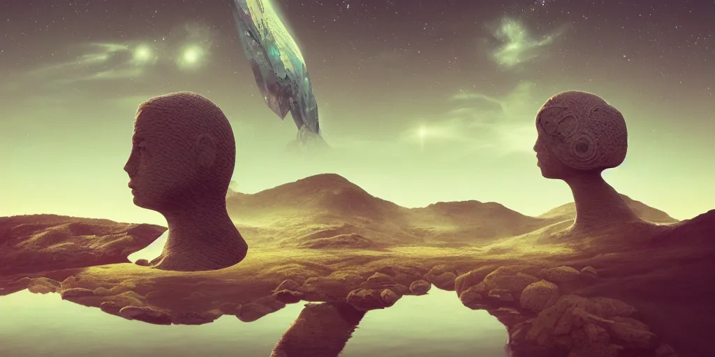 Image similar to artgem and Beeple masterpiece, hyperrealistic surrealism, wide angle vaporwave landscape in California, award winning masterpiece with incredible details, epic stunning, infinity pool, a surreal liminal space, highly detailed, trending on ArtStation, calming, meditative, surreal, sharp details, dreamscape, giant head statue ruins, astronaut, crystal clear water