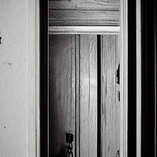 Image similar to An ominous photograph of the slightly opened door standing ajar, darkness behind it, close-up view, dim lighting, nightmare, taken with Sony a7R camera