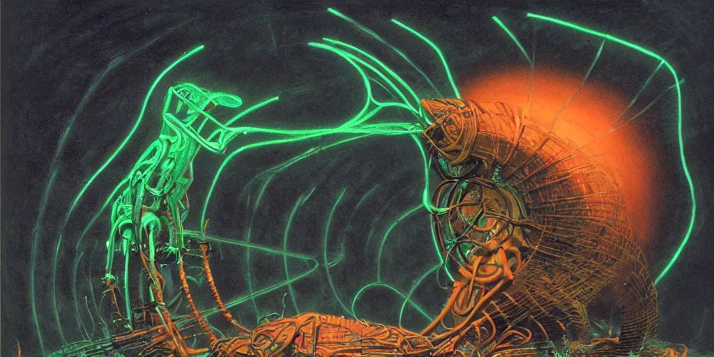 Image similar to angry, screaming cybernetic electrical nautilus spider, made of neon light, volumetric lighting, by caspar david friedrich and wayne barlowe and ted nasmith