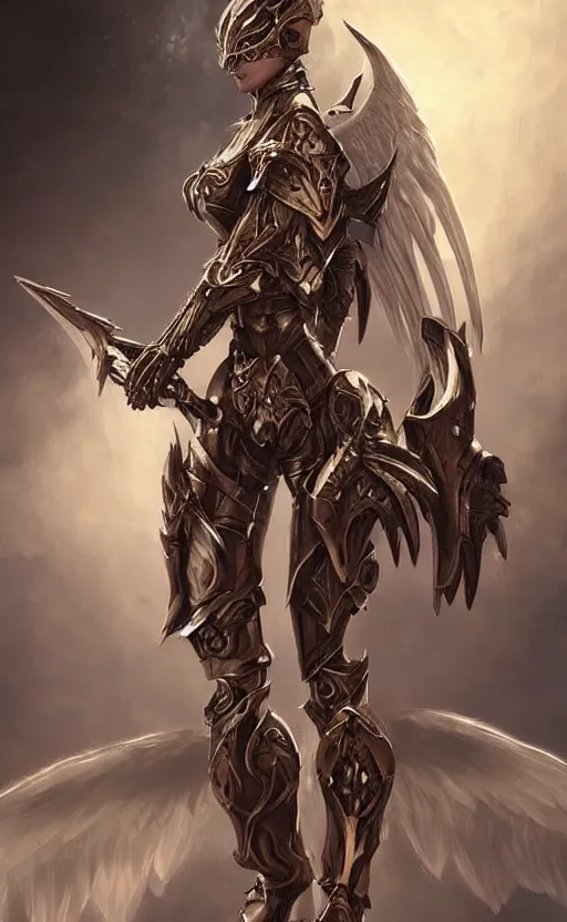 Image similar to Fantasy Concept character art of a angel female in biomechanical knight armor. By artstation trending. Highly detailed