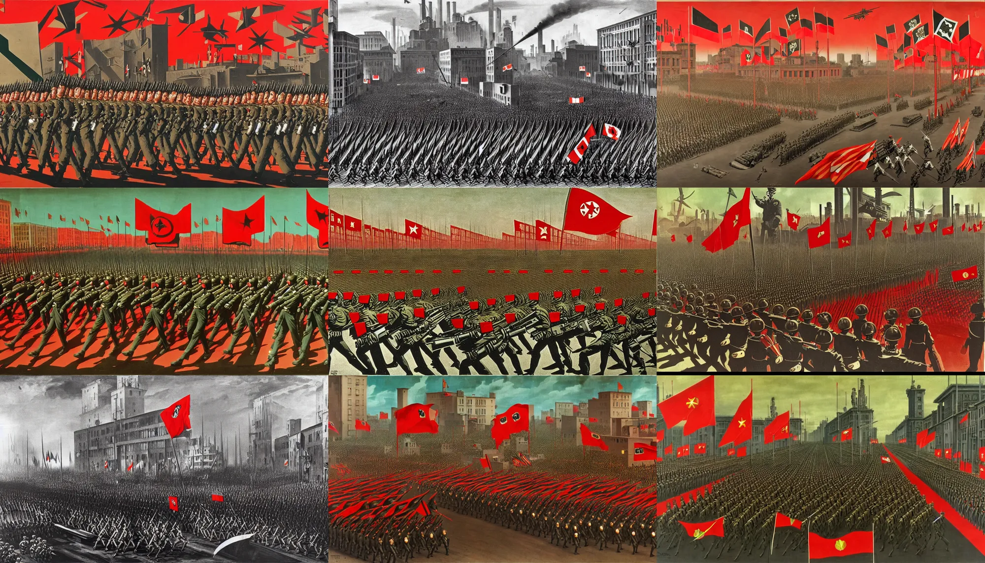 Image similar to army parade glorious march, futuristic alternate timeline, anarcho - communist hordes, red and black flags, modernist factories in background, art by max ernst, cnt spanish civil war era propaganda, extremely detailed, 4 k