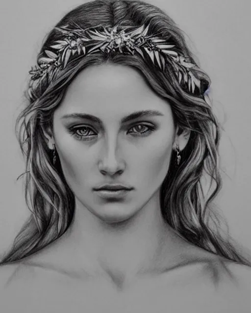 Image similar to pencil drawing of a beautiful greek goddess aphrodite wearing a laurel wreath and arrowhead earrings, beautiful confident and piercing eyes, beautiful flowing hair, hyper realistic face, in the style of greg rutkowski, fantasy, amazing detail, epic, elegant, smooth, sharp focus, from the front