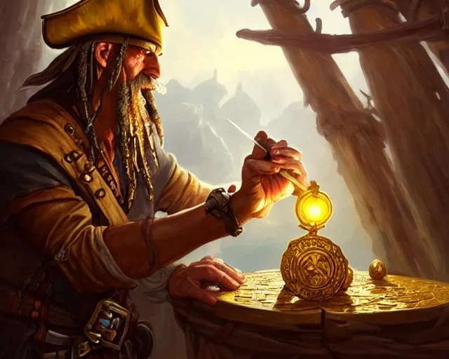 Prompt: old pirate looking carefully at a gold coin, deep focus, d & d, fantasy, intricate, elegant, highly detailed, digital painting, artstation, concept art, matte, sharp focus, illustration, hearthstone, art by artgerm and greg rutkowski and alphonse mucha