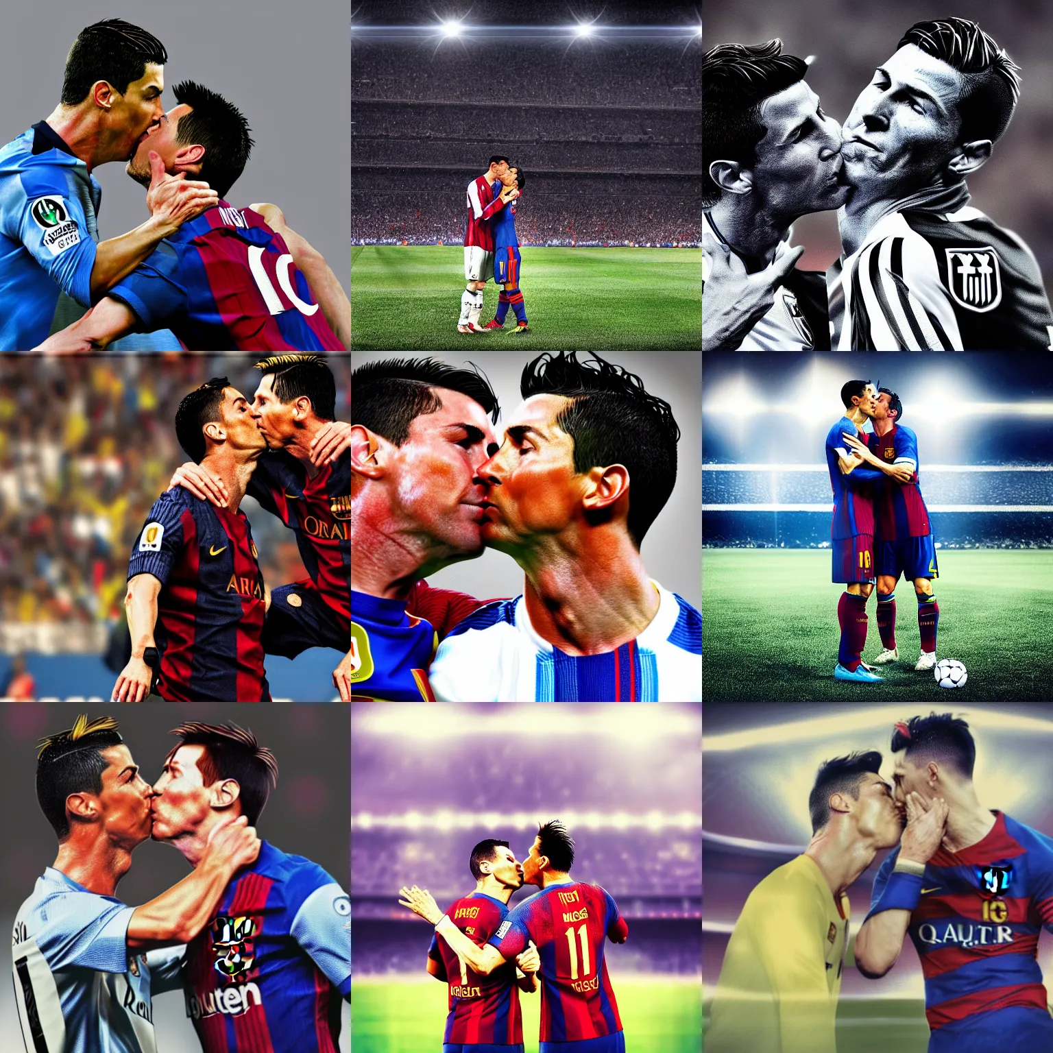 Prompt: Cristiano Ronaldo kissing lionel messi, hdri, photo of the year, trending on pixiv