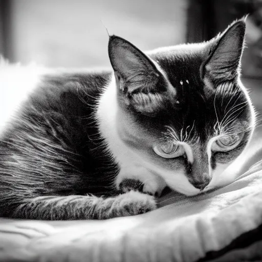 Image similar to snowshoe cat sleeping on a lap, b & w photograph, high resolution,