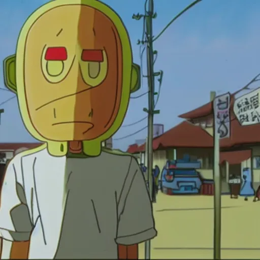 Image similar to the mayo man, angular humanoid blob of mayonnaise, angry eyes, shaded out eyes, 2 0 0 1 anime, flcl, golden hour, japanese town, cel - shaded, strong shadows, vivid hues, y 2 k aesthetic