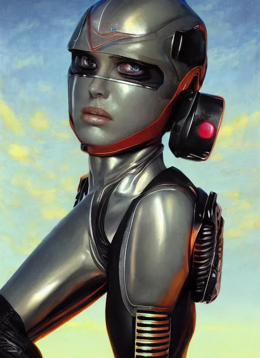 Image similar to symmetry!!! closeup portrait! of a racer pirate girl, cyborg jumpsuit, in clouds, cinematic light, windy, sunrise, by gerald brom, by mikhail vrubel, by peter elson, muted colors, extreme detail, trending on artstation, 8 k