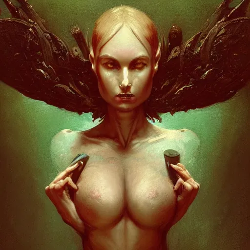 Prompt: An Evil Starbucks Siren, fullbody, intricate, demonic, video game art, highly detailed, artstation, green field with village ruins, concept art, smooth, sharp focus, illustration, art by greg rutkowski and orientalism and bouguereau and Zdzislaw Beksinski, good clear quality, lighting, biology, symmetrical artwork, perfect face, 135 mm, cinematic, hyper realism, high detail, octane render, 8k, chrome accents