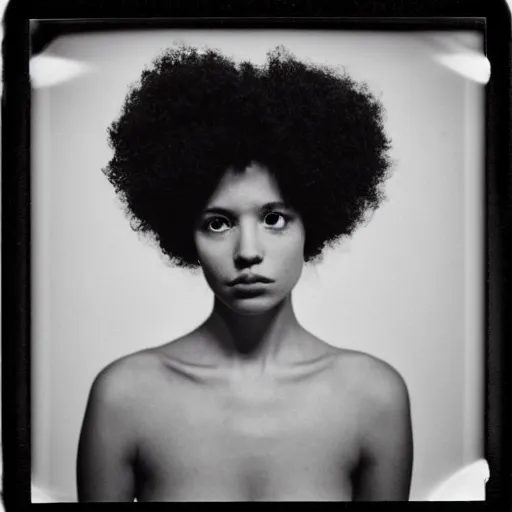 Prompt: polaroid picture, beautiful light - skinned woman, symmetrical face, curly hair, afro, full shot, artistic, black and white, eerie, francesca woodman style