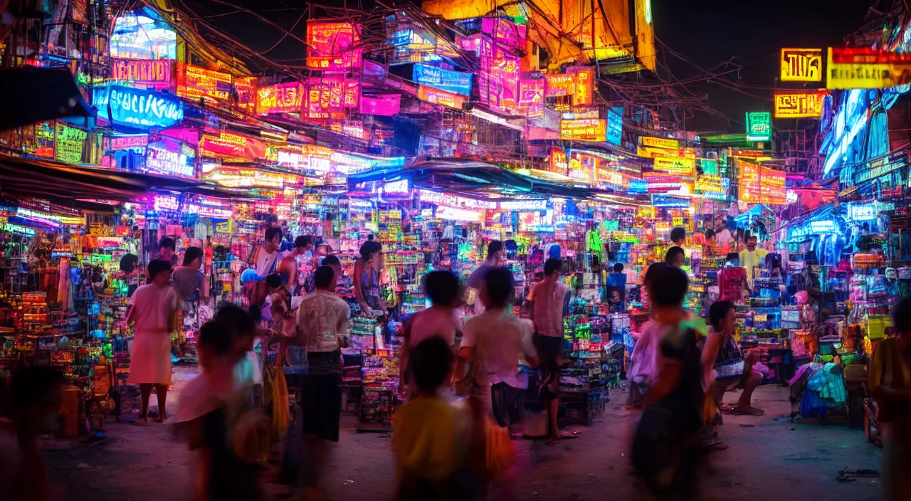 Image similar to Cyberpunk Market, futuristic Phnom-Penh Cambodia, neon lighting