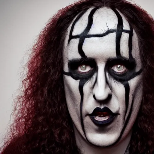 Image similar to portrait of weird Al yankovic in black metal makeup 8k highly detailed.