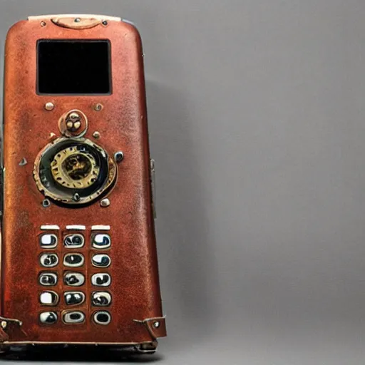 Image similar to an extremely complex and advanced steampunk cellphone from the 1940s