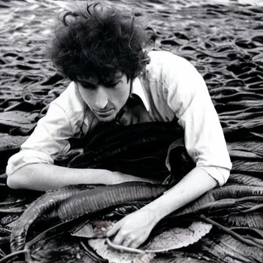 Image similar to bob dylan cradling kelp like a baby, photograph, 1 9 6 5