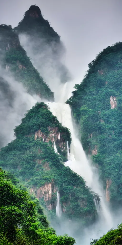 Prompt: Cloudy peak in southern China with a waterfall, the style of National Geographic magazine