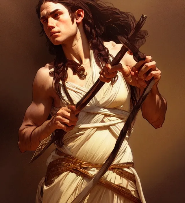 Image similar to portrait of biblical cain holding a spear, intricate, headshot, highly detailed, digital painting, artstation, concept art, sharp focus, cinematic lighting, illustration, art by artgerm and greg rutkowski, alphonse mucha, cgsociety