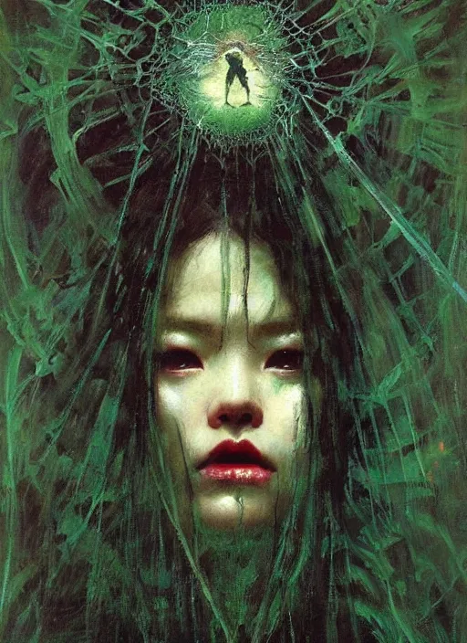 Prompt: a beautiful terrifying painting dark gothic jennie kim blackpink close up woman in a spider web, green, and black hues by raymond swanland, gaston bussiere craig mullins alphonse mucha basil gogos norman rockwell takato yamamoto, jack kirby, ruan jia, roberto ferri, monet, by wlop, moebius syd mead roger dean