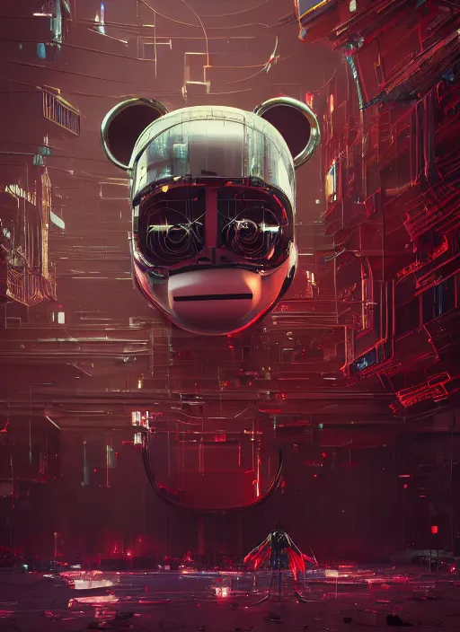 Image similar to people building giant head of a robot mickey mouse inside of abandoned netflix office, cyberpunk, by beeple, dystopia, golden ratio, octane render, redshift, trending on artstation, 8 k