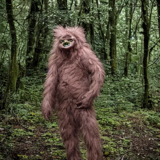 Image similar to horror, photography, humanoid mutant, matted fur, grinning, sprinting through undergrowth in a dense forest in daytime, wide eyes