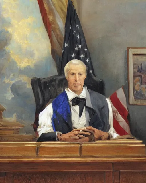 Image similar to facial portrait of the united states president, an ugly 7 8 year old kobe bryant, resolute desk, 1 8 4 8, oil on canvas by william sidney mount, trending on artstation, national archives