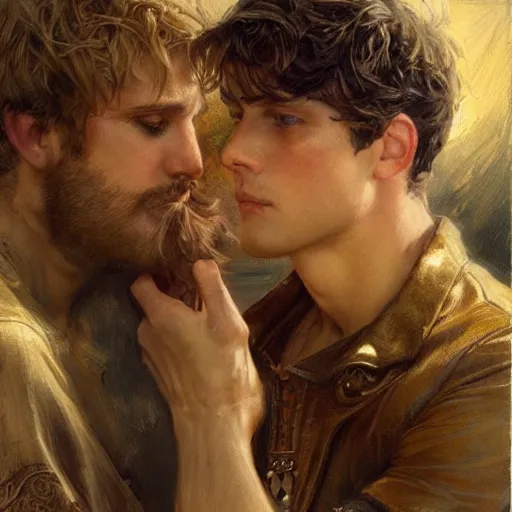 Image similar to attractive male, arthur pendragon who has blond hair confesses his love to attractive male, merlin who has dark hair. highly detailed painting by gaston bussiere, craig mullins, j. c. leyendecker 8 k