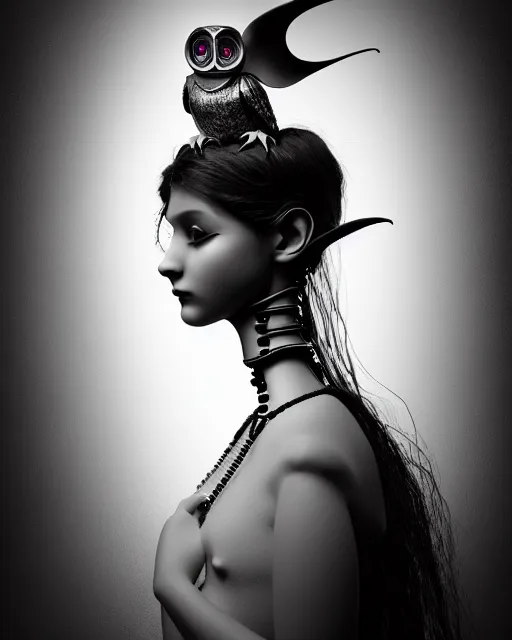 Prompt: surreal mythical dreamy dark artistic black and white fine art 3 / 4 fashion portrait photo of a young beautiful delicate female robot - witch - owl with orchid - doll face, rim light, cinematic, studio dramatic light, poetic, masterpiece, octane render, 8 k, photo - realistic by gustave dore william black