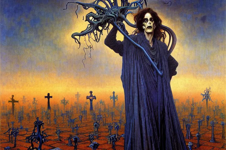 Image similar to realistic detailed portrait painting of a male zombie, nightly graveyard landscape background by Jean Delville, Amano, Yves Tanguy, Alphonse Mucha, Ernst Haeckel, Edward Robert Hughes, Roger Dean, masterpiece, cinematic composition, dramatic pose, 4k details, rich moody colours, blue eyes