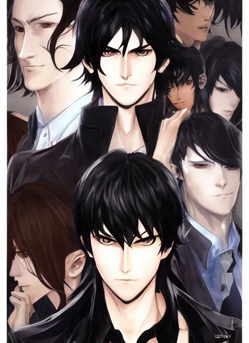 Image similar to portrait illustration by shigenori soejima, handsome male vampire, focus on face, pretty, long black hair, dark blue shirt, light brown trenchcoat