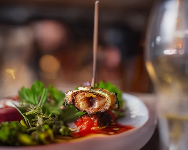 Prompt: 8 5 mm food photography of raw eye on a skewer at a restaurant with dof and bokeh and wine glasses out of focus in the background. highly detailed 8 k. intricate. lifelike. soft diffused light. nikon d 8 5 0.