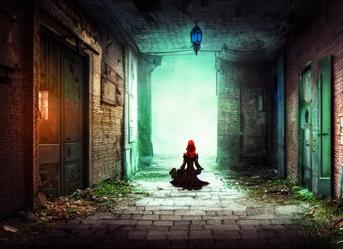 Image similar to photo of an alley of an abandoned city at night with a lone elven woman warrior sitting in the corner leaning on a closed door. Fantasy magic horror style. Highly detailed 8k. Intricate. Nikon d850 55mm. Award winning photography.