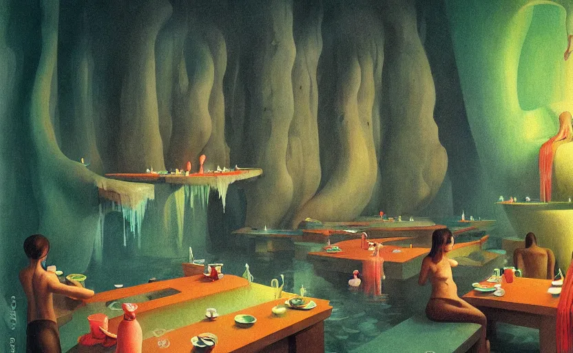 Prompt: detailed interior of cozy hotsprings hidden inside a cave, small waterfalls, lush vegetation, flowers, towels, plates of fruit, candlelight, Edward Hopper and James Gilleard, Zdzislaw Beksinski, Mark Ryden, Wolfgang Lettl highly detailed, hints of Yayoi Kasuma