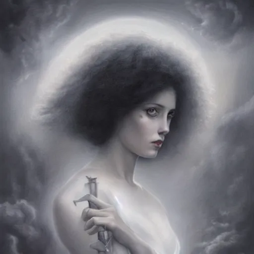 Image similar to By Tom Bagshaw and Boris Vallejo, ultra realist soft painting of castle court by night, centered fading Hermione Granger fully dressed, horror, omnious sky, symmetry accurate features, very intricate details, black and white, volumetric light clouds, 8K