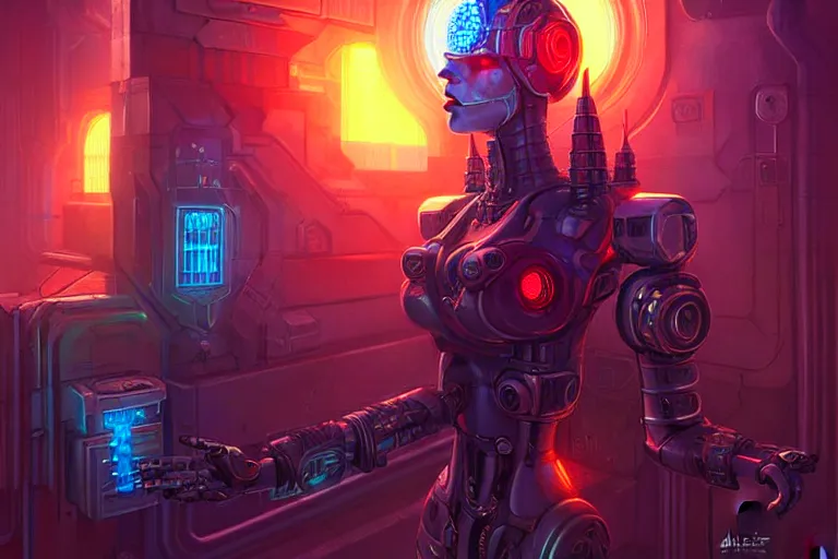 Image similar to ai machine god, hearth of the machine in cyberpunk style, energy core, cybernetic shrine, robot religion, realistic shaded lighting, magali villeneuve, artgerm, rutkowski