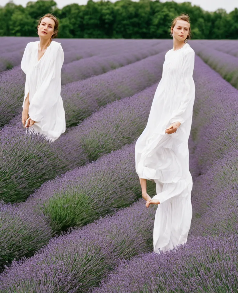 Prompt: A portrait of a French woman, mid-20s, wearing a white flowing dress, in a lavender field in France, 85mm, medium shot, 1.2, Kodak Portra, trending on Instagram