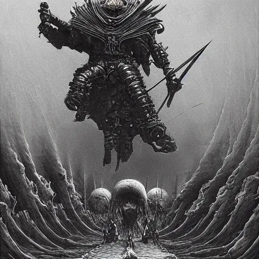 Image similar to epic wizard riding futuristic motorcycle through the gates of hell, wearing samurai armor, highly detailed beksinski painting