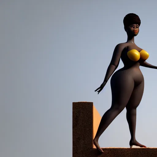 Prompt: 3d render of a voluptuous beautiful black model standing on the edge of a building, 3d, in the style of pixar, highly detailed, sharp focus, bokeh, depth of field, 16k resolution, Unreal Engine 5, coherent, cinematic lighting, photorealistic
