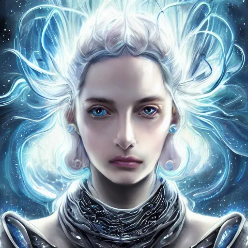 Prompt: masterpiece portrait of an aesthetic elegant mage woman, ice spell, 3 0 years old woman, soft face, black dynamic hair, wearing silver diadem with blue gems inlays, silver necklace, painting by joachim bergauer and magali villeneuve, atmospheric effects, chaotic blue sparks dynamics in the background, intricate, artstation, instagram, fantasy