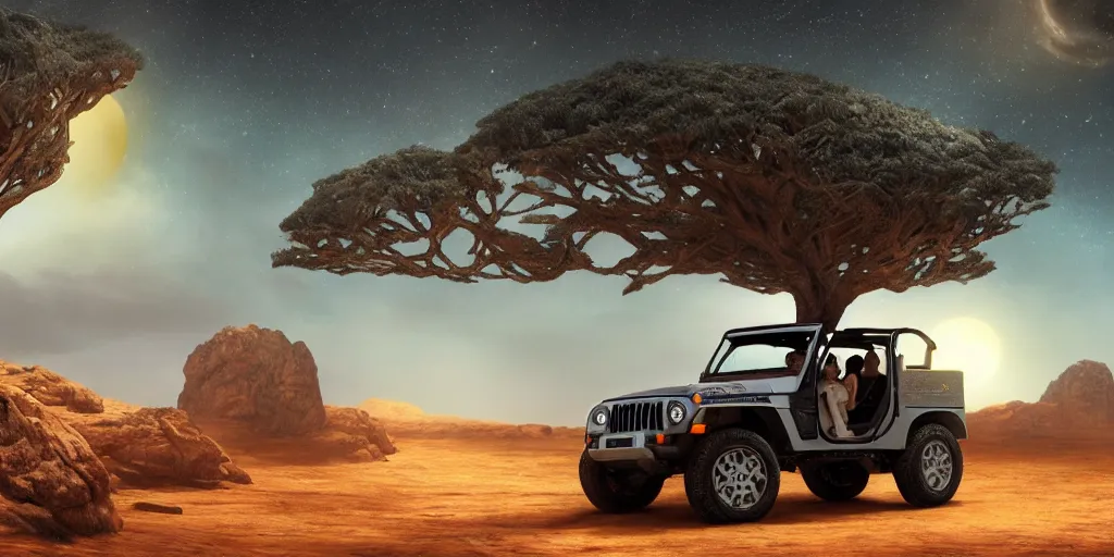 Image similar to mahindra thar riding through moonlit socotra island with dragon trees, starry night, chasing action scene, epic fantasy, sharp focus, trending on ArtStation, masterpiece, by Greg Rutkowski, by Ross Tran, by Fenghua Zhong, octane render, soft render, ultrarealistic, colorful, cinematic, matte painting, shadow of the tomb rider