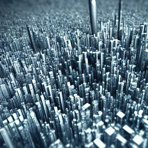 Image similar to an electron microscope image of a sprawling mega city, bokeh, 3D render, magnified