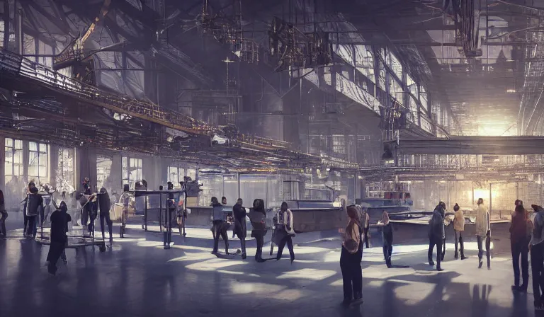 Prompt: group of people in simple warehouse, surrounding hologram of futuristic city on a table, cinematic concept art, godrays, golden hour, natural sunlight, 4 k, clear details, tabletop model buildings, center model buildings, hologram center, crane shot, crane shot, crane shot