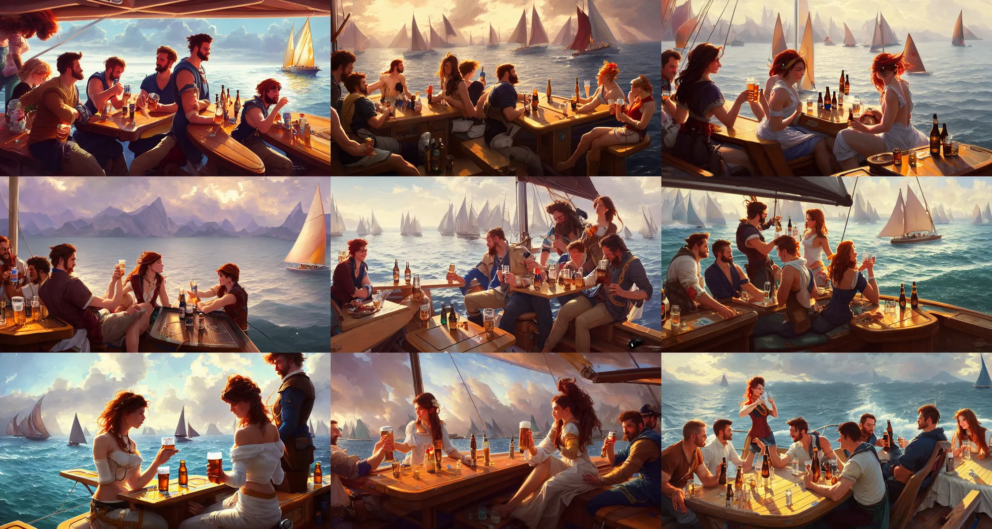 Prompt: people drinking beer on a sailboat, highly detailed, digital painting, artstation, concept art, matte, sharp focus, illustration, hearthstone, art by artgerm and greg rutkowski and alphonse mucha