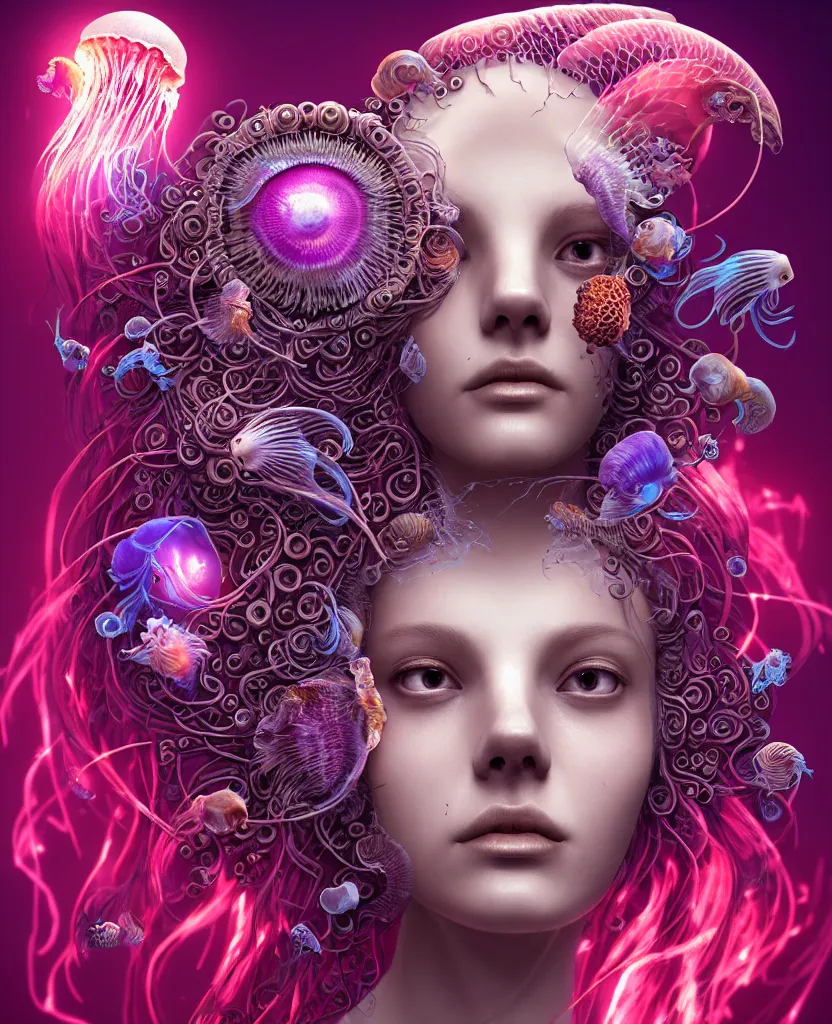 Image similar to goddess princess beautiful woman face close-up portrait ram skull. jellyfish phoenix head, nautilus, orchid, skull, betta fish, bioluminiscent creatures, intricate artwork by Tooth Wu and wlop and beeple. octane render, trending on artstation, greg rutkowski very coherent symmetrical artwork. cinematic, hyper realism, high detail, octane render, 8k